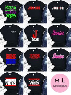 a bunch of t - shirts with different colors and designs on them, including the name junior