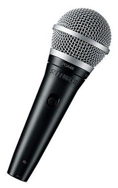 a microphone that is black and silver