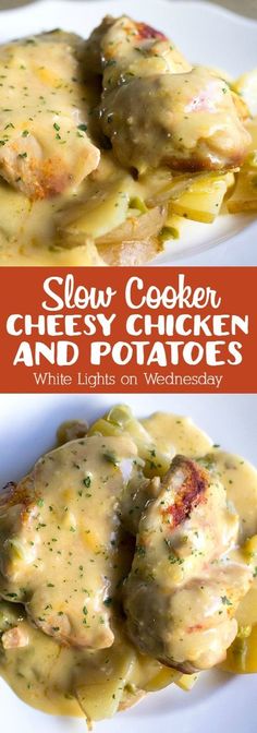 slow cooker cheesy chicken and potatoes with white lights on wednesday