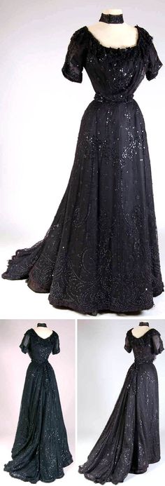 Dress ca. 1900-05. 1905 Dress, Black Wool Dress, Historical Gowns, Period Clothing, Robes Vintage, Satin Tulle