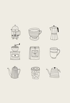 various types of teapots and kettles drawn in black ink on a white background