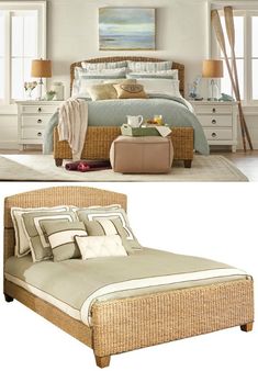 two pictures of a bedroom with wicker furniture and white walls, one is empty