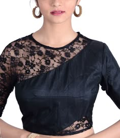 Black Raw Silk Designer Blouse - BL30026 | Indian Silk House Agencies Netted Blouse Designs, Detail Couture, Blouse Indian