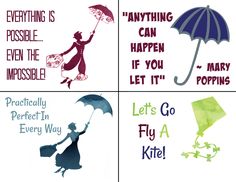 four different cards with the words, everything is possible and an umbrella flying above them