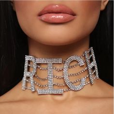 Rich Bling Necklace This Necklace Is 21” The Sparkle Is Amazing Perfect For Any Grand Event Pretty Like Diamonds Glitter Jewelry Bling Bling Wear To An Engagement Party Wear To Social Event Wear To Work Take In Your Next Vacation Perfect For The Beach Fashion Text, Rhinestone Letters, Choker Collar Necklace, Statement Collar Necklace, Rhinestone Choker Necklace, Bling Necklace, Crystal Choker Necklace, Dollar Sign, Statement Choker Necklace