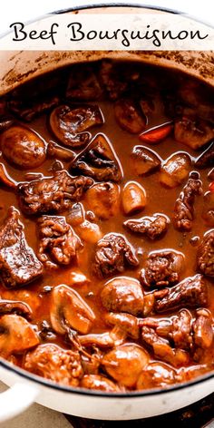 beef bousquignon with mushrooms in a white pot