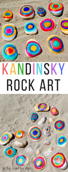 rocks are painted with colorful circles and the words kandinskiy rock art