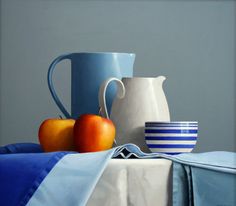 a painting of two cups and apples on a table cloth with blue and white striped napkins