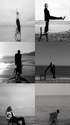 black and white photographs of people sitting in chairs on the beach