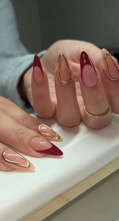 Gold Nails Inspo Aesthetic, Elegant Long Almond Nails, Red Almond Nail Designs, Nails For Prom Red Dress, Red And Gold Nails Design, Nail Ideas Acrylic Red, Nails To Go With Red Dress, Red Nail Designs Classy, Red Nail Designs Prom