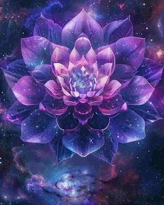 a purple flower surrounded by stars in the sky