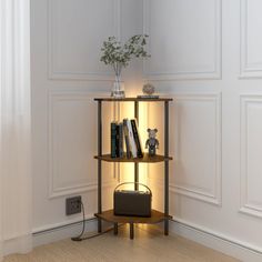 a corner shelf with books and other items on it in front of a white wall