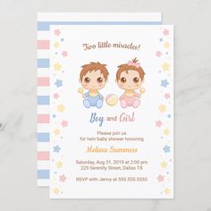 two little mice baby and girl shower card with stars on the sides, in pastel colors