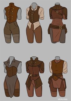 different types of clothing for men and women, including vests, pants, and boots