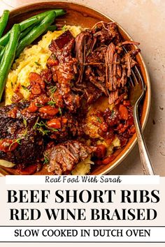 beef short ribs with red wine braised and slow cooked in dutch oven