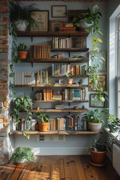 a bookshelf filled with lots of books next to a window and potted plants