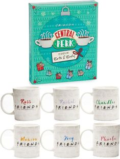 six coffee mugs with the words central perk on them