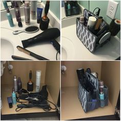 four different pictures of various items on a bathroom counter and in front of the sink