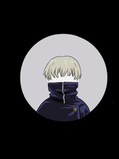 an anime character with blonde hair wearing a blue jacket and black hoodie in front of a white circle