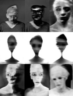 multiple images of people with different faces and body shapes, all in black and white