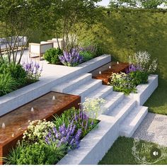 an artist's rendering of a garden with water features