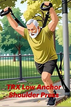 an older man is doing exercises on the exercise equipment in front of a park with trees