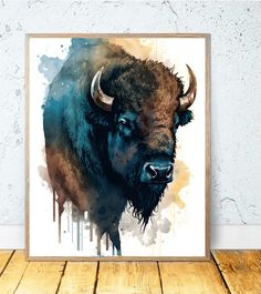 a painting of a bison is on the wall