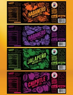 three different types of food labels on a yellow and black background with the words habanero, jalapeno and hot sauce