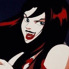 an animated image of a woman with long black hair and red lips holding a cell phone