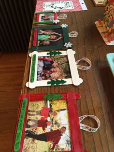 the table is covered with pictures and ribbons