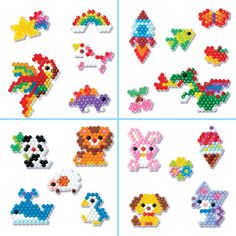 several different types of beaded animals are shown in four squares, each with different colors and sizes