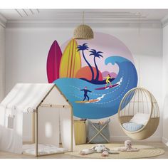 a child's room with a surfboard mural and hanging hammock chair