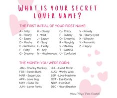 a pink poster with hearts and the words what is your secret lover name?