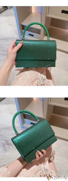 Bird in Bag - Womens Evening Bag with Rhinestone Detailing Glamorous Green Clutch Bag, Glamorous Green Event Bag, Trendy Bags With Rhinestones For Events, Trendy Event Bags With Rhinestones, Glamorous Green Bags With Rhinestones, Green Square Party Bag, Green Square Party Bags, Green Shoulder Bag For Party, Square Green Shoulder Bag For Party