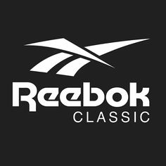 the reebok classic logo is shown in white on a black background with an arrow