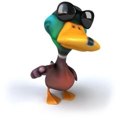 a cartoon duck with sunglasses on its head and arms, standing in front of a white background