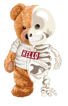 a teddy bear with a skeleton holding the word hello