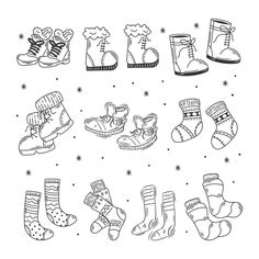 a set of hand drawn children's shoes and socks for the winter season - stock photo