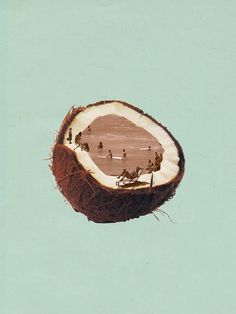 a cut in half coconut sitting on top of a blue surface with people inside it