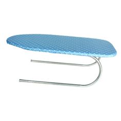 a blue ironing board sitting on top of a metal stand