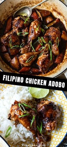 two pictures with different types of food in them and the words, philippines chicken adobo