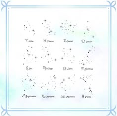 the zodiac signs and their names on a white background with blue trimmings around them