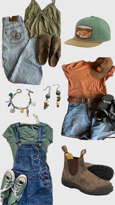 Grabola girl aesthetic outfits, crunchy vibes, blinds tone boots, overalls, green t-shirt, green converse, jean shorts, leather belt, orange shirt, Texas, Birkenstock clogs, jeans, green tank top, national park hat, hem jewelry, beaded bracelet, beaded earrings, collage of outfits Thigh High Boots Outfits, Burgundy Boots Outfit, Summer Camp Outfits