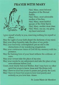 a poem written in black and green ink with the words prayer with mary on it