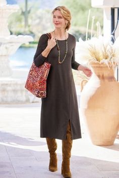 Mid-length Dresses | Soft Surroundings Dresses For 60 Year Old Women Classy, Dresses For Over 60 Older Women, 70 Year Old Women Fashion, Green Tunic Dress, Style Uniform, Lagenlook Dress, Fashion Style Women, French Pleat, Beachy Dresses