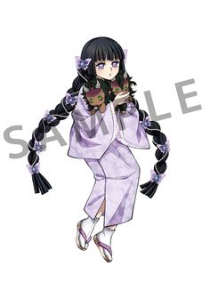 an anime character with long black hair and purple dress holding a cat in her hands