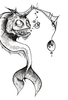 a drawing of a fish with bubbles in it's mouth and its tail sticking out