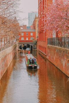 a boat traveling down a river next to tall red brick buildings and trees with pink flowers