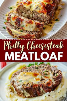 meatloaf on a plate with mashed potatoes and gravy in the middle