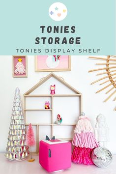 there is a pink and white shelf with toys on it